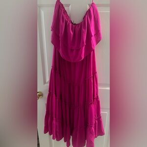 1.STATE Womens Tiered Ruffle Midi Dress Fuschia Large